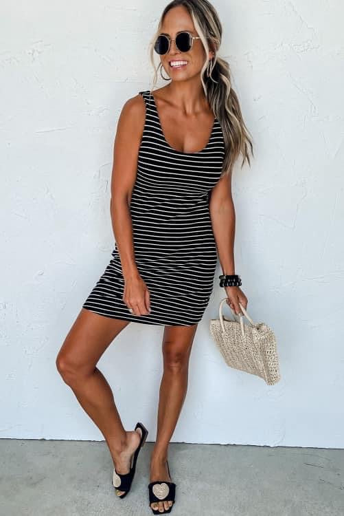 Black shops and white striped fitted dress