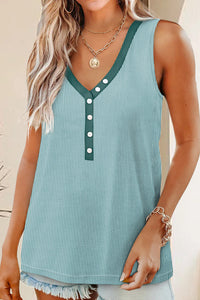 Dusty Teal Corded Tank with Contrast Trim