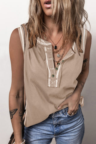 French Beige Henley Style Tank with Contrast Stitching