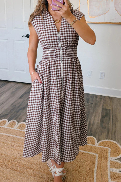 Coffee Brown Gingham Shirred Waist Zip Up Maxi Dress Coffee Brown Gingham Shirred Waist Zip Up Maxi Dress
