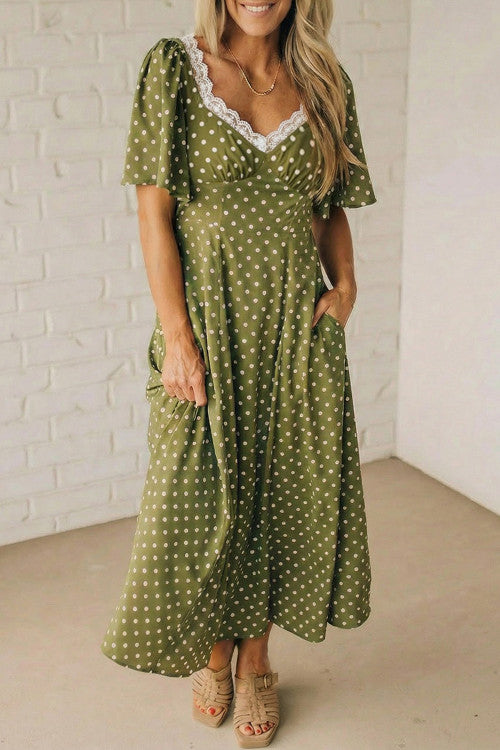 long polka dot dress Green Polka Dot Lace Trimmed Neckline High Waist Maxi Dress
