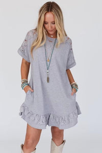 Gray Jersey Knit Dress with Lace Sleeve and Hem Layer