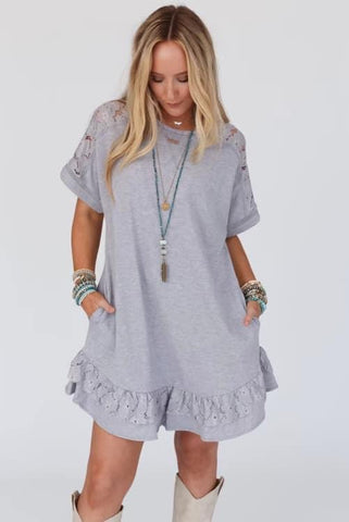 Gray Jersey Knit Dress with Lace Sleeve and Hem Layer