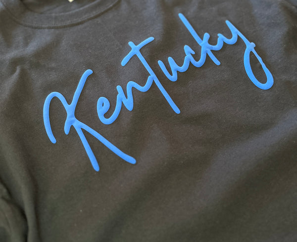 Kentucky Script Puff Lettering Tee - T-shirt - Black Tee with Royal Blue Puff Lettering