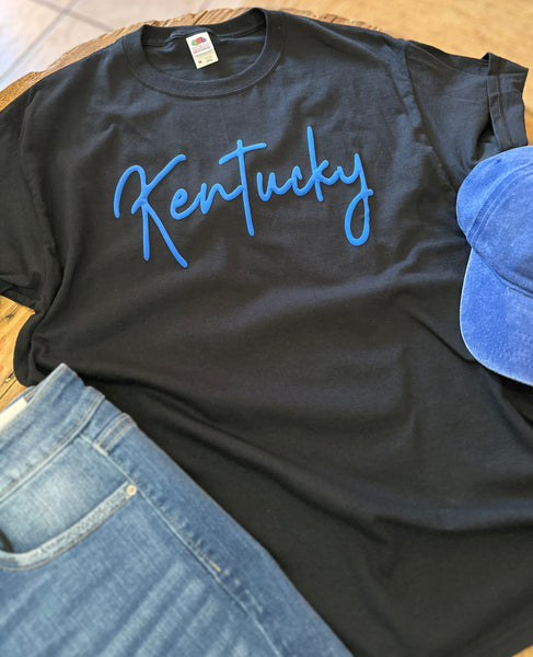 Kentucky Script Puff Lettering Tee - T-shirt - Black Tee with Royal Blue Puff Lettering