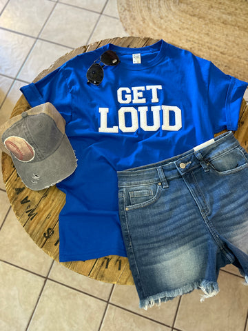 Royal Blue Tee with White Chenille GET LOUD lettering