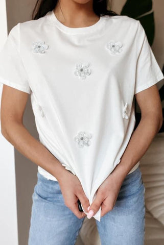 White Top with Pearl and Rhinestone Flower Details