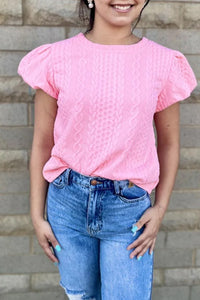 Pink Puff Sleeve Cable Knit Textured Top