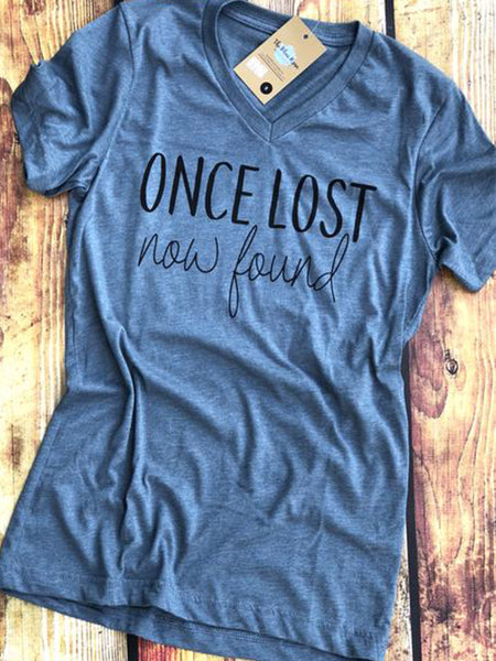 Once Lost Now Found-Amazing Grace-Vneck-Graphic Tee-Bella Canvas-How Sweet the Sound-Grace-Amazing-Inspirational-Apparel-Womens-Mens-Unisex Fit-shirt-The Blue Rose Ky