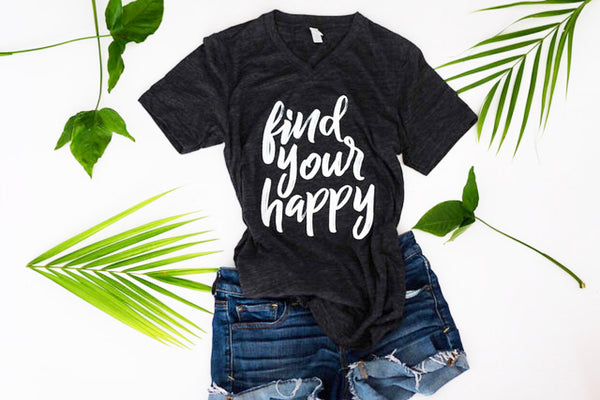 Find Your Happy-find your happy-graphic tee-vneck-apparel-womens-inspirational-quotes-happy-dark gray-charcoal-script-tshirt-positive-positive quotes