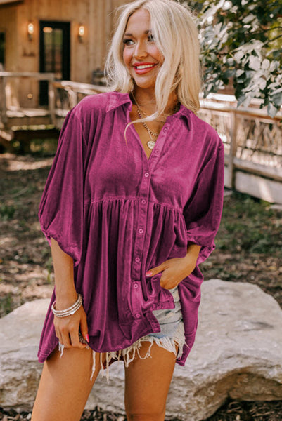 Rose Pink Velvet 3/4 Sleeve Button Up Babydoll Tunic