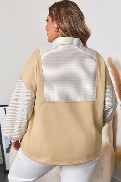Curvy Khaki Stripe Colorblocked Half Zip Pullover with Pockets