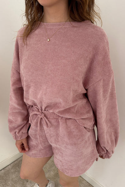 Mauve Ribbed Long Sleeve Top and Shorts Lounge Set