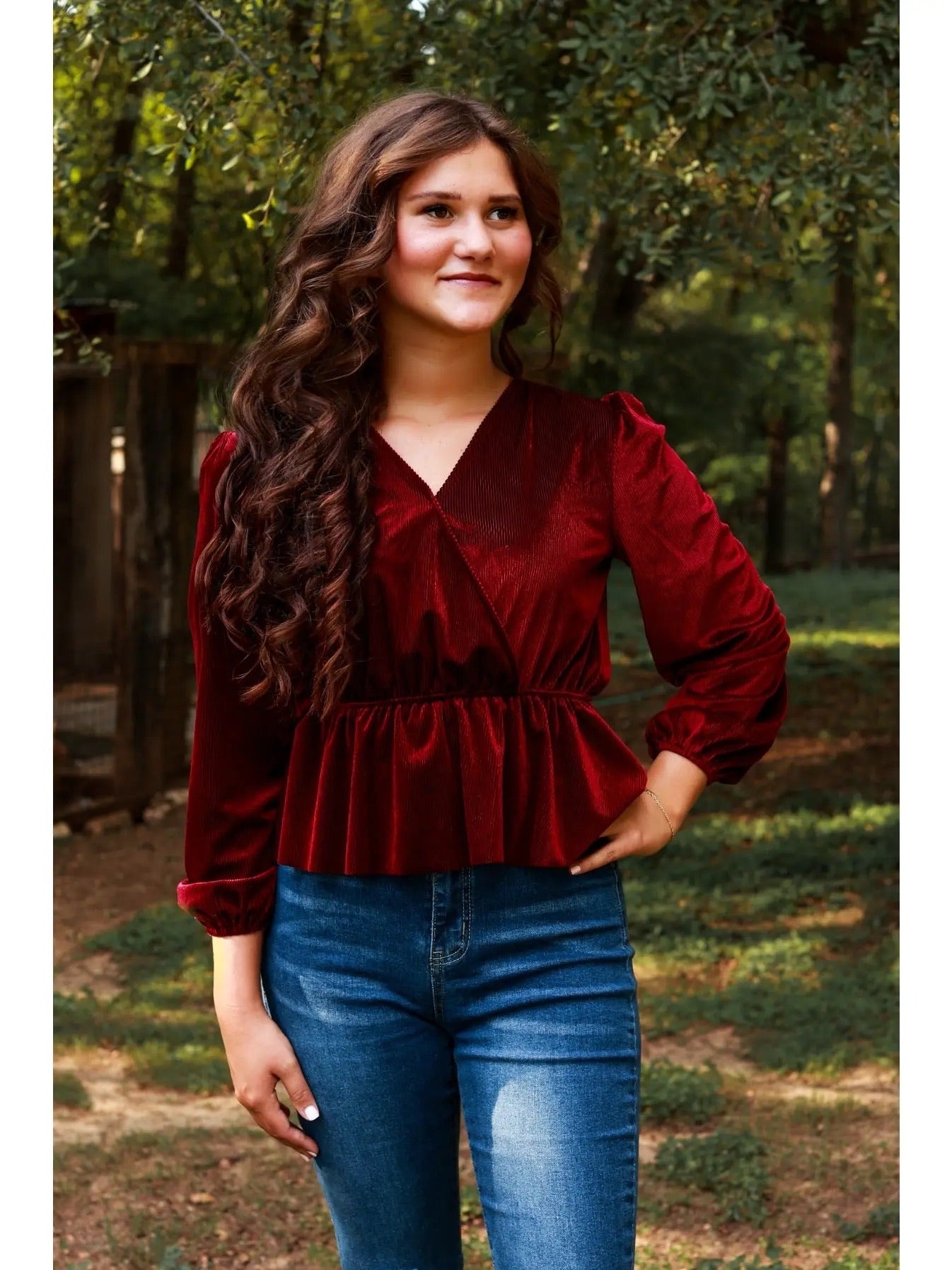 Deep Red Ribbed Velvet V-neck Peplum Top