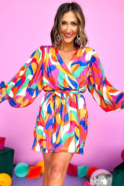 Colorful Abstract V Neck Blousy Dress