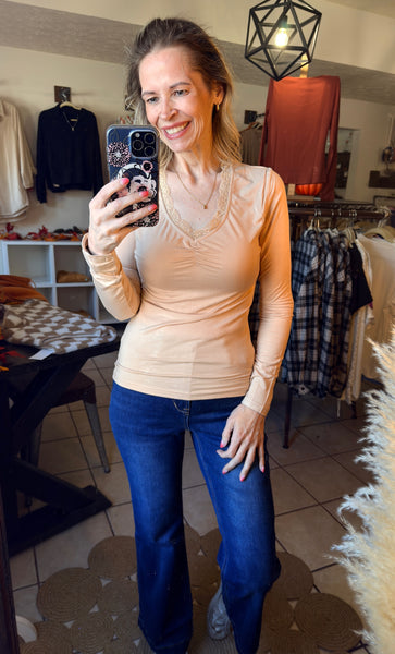 Cream Fitted Long Sleeve V-Neck Top with Lace Trim