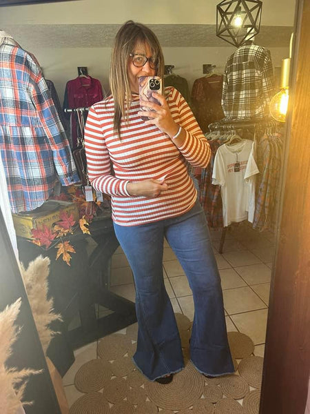 Orange Striped Fitted Turtleneck Top