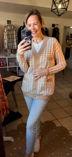 Khaki Houndstooth Button Front Sweater Knit Cardigan with Patch Pockets