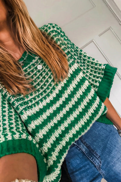 Green Striped Colorblock 3/4 Draped Sleeve Relaxed Sweater