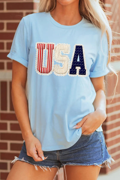 Light Blue Mixed Pattern Lacey Vintage Print Graphic Tee - Patriotic - 4th of July - Memorial Day - Veteran's Day - USA