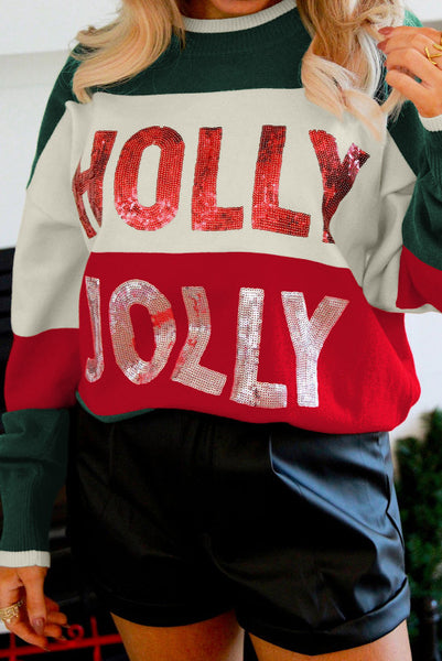 Red and Green Sequined HOLLY JOLLY Colorblocked Sweater