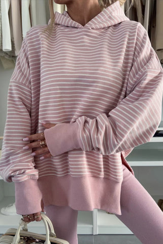 Mauve Striped Hoodie Pullover with Thumbholes and Side Slits