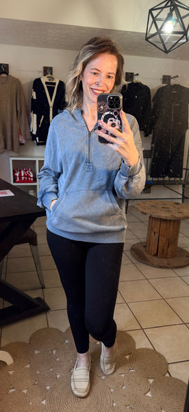 Blue Mineral Wash Hooded Half Zip Pullover with Kangaroo Pocket