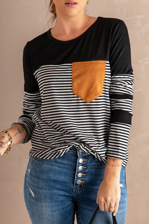 Black Striped Color Block Long Sleeve Top with Pocket