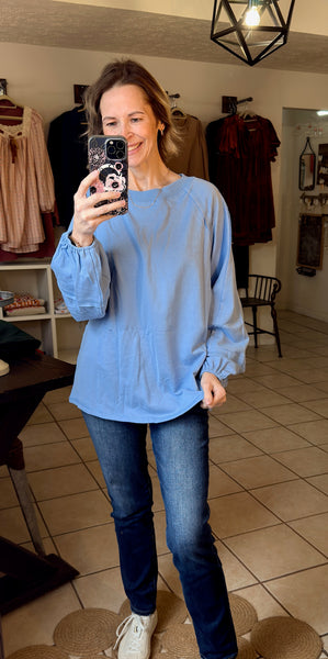 Sky Blue Raw Seam Patchwork Baggy Top