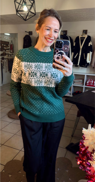 Green Snowflake Dotted Print Sweater