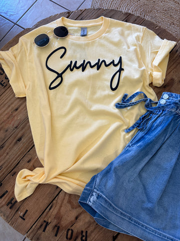 Yellow with Black ‘Sunny’ Puff Script Lettering Tee
