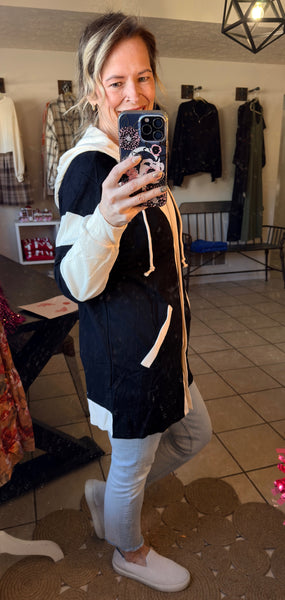 Black Button Up Hooded Jacket with Patchwork Contrasting Waffle Knit Details