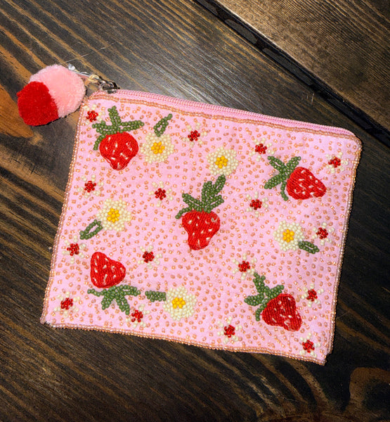 Strawberries Seed Bead Coin Purse with Zip Closure