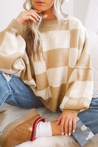 Khaki and White Checkered Relaxed Fit Sweater