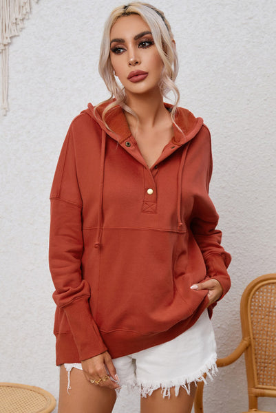 Rust Orange Hooded Pullover 1/4 Snap with Thumbholes