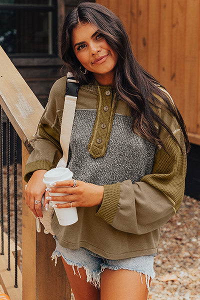 Mixed Material Green Hoodie Pullover - Colorblock