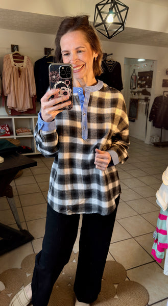 Black and White Plaid with Contrasting Blue Striped Trim Henley Long Sleeve Top