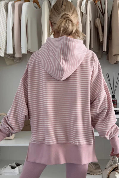 Mauve Striped Hoodie Pullover with Thumbholes and Side Slits