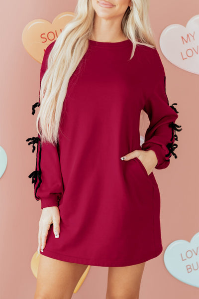 Holiday Red Sweatshirt Dress with Velvet Bow Sleeve Details