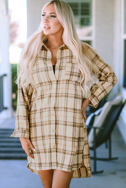 Cream Plaid Longer Length Button Up Shacket