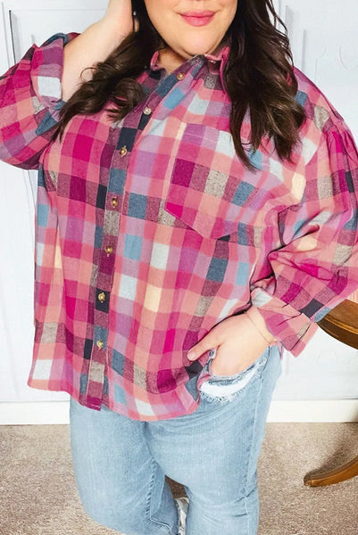 Curvy Pink Checkered Button Up Flannel