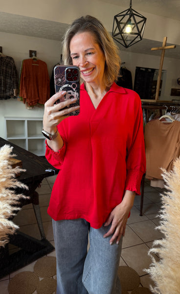 Red V-Neck 3/4 Sleeve Flowy Top