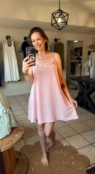 Light Pink Camisole Nightgown Dress with Sheer Lace Neckline