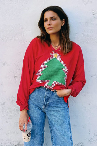 Red Notch V-Neck Layered Patchwork Christmas Tree Sweatshirt Pullover