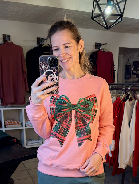 Pink Pullover with Plaid Bow Graphic