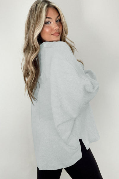 Light Gray Oversized Collared Henley Pullover with Flap Pockets