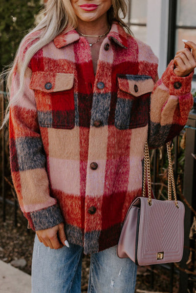 Curvy Maroon Plaid Fuzzy Button Up Shacket