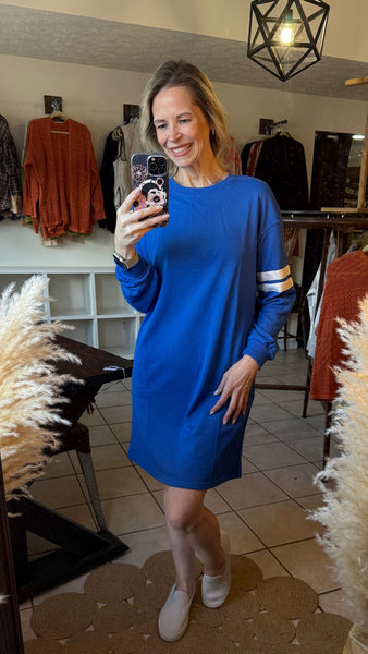 Royal Blue Shift Sweatshirt Dress with Sleeve Contrasting Varsity Stripes and Pockets