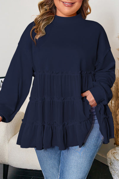 Curvy Flowy Navy Blue Ruffle Tiered Babydoll Top