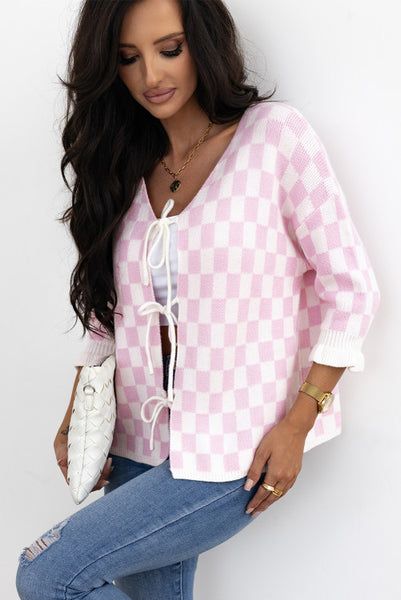 Super Soft Pink Checkered Tie Front Sweater Knit Cardigan